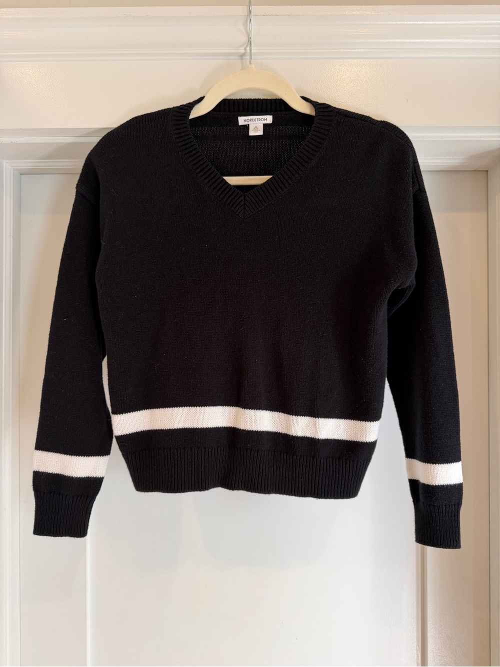 Nordstrom Black V-Neck Sweater with White Stripes